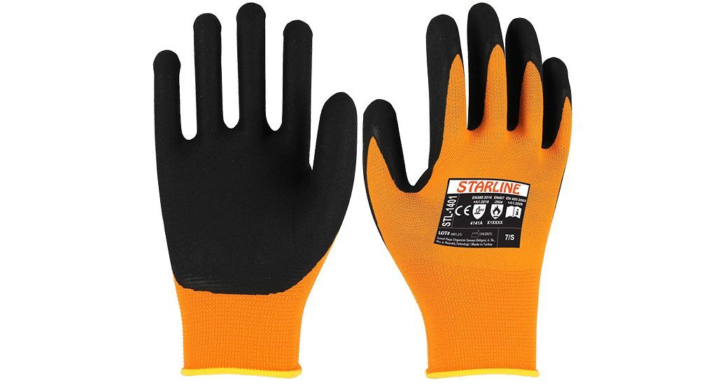Starline STL-1401 1/2 Mikro Köpük Nitril Kaplı Naylon Astarlı A Kesilmez 100° Isı Temasına Dayanıklı Eldiven EN388-4141A EN407-X1XXXX