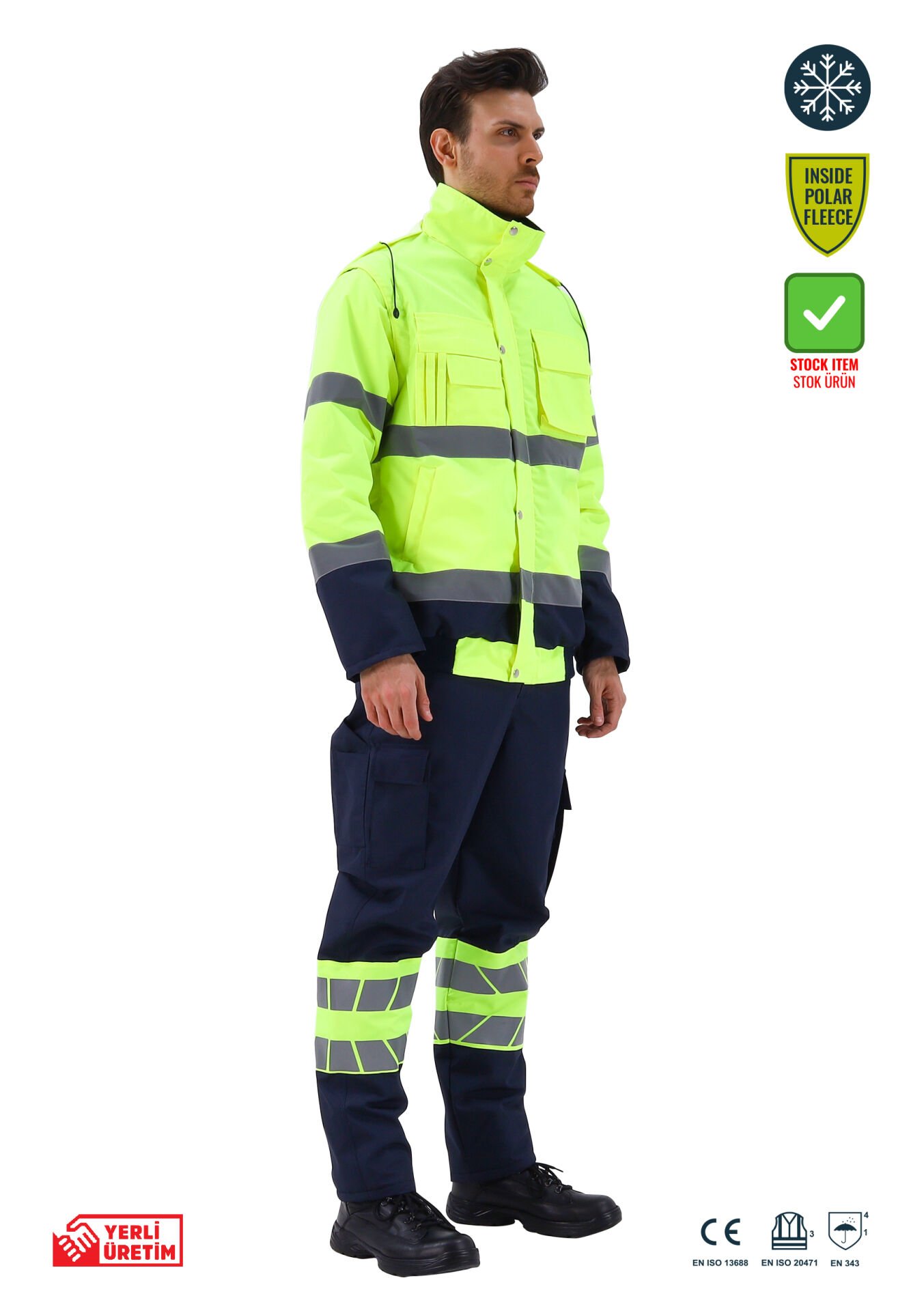 SafeSawa Alaska Hi-Vis 2 in 1 Mont Neon Sarı Lacivert Reflektörlü %100 Polyester 300D Oxford PU Kaplı