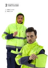 SafeSawa Alaska Hi-Vis 2 in 1 Mont Neon Sarı Lacivert Reflektörlü %100 Polyester 300D Oxford PU Kaplı