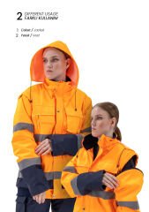 SafeSawa Alaska Hi-Vis 2 in 1 Mont Neon Turuncu Lacivert Reflektörlü %100 Polyester 300D Oxford PU Kaplı