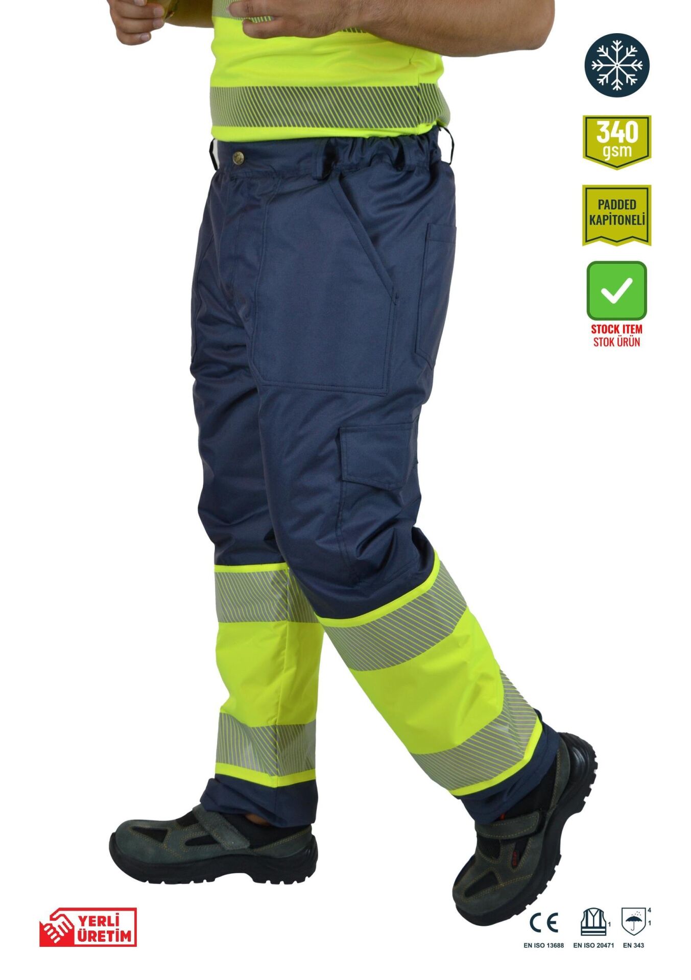 SafeSawa Alaska Hi-Vis Kapitoneli Pantolon Lacivert Neon Sarı Segmentli Reflektörlü %100 Polyester 300D Oxford PU Kaplı