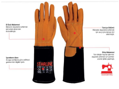 Starline E-1306 Avuç İçi Takviyeli Cilt Deri Aramid (Kevlar) Dikişli Astarsız Yüksek Isıya Dayanıklı İş Eldiveni Turuncu Siyah EN388-3111X EN407-42314X