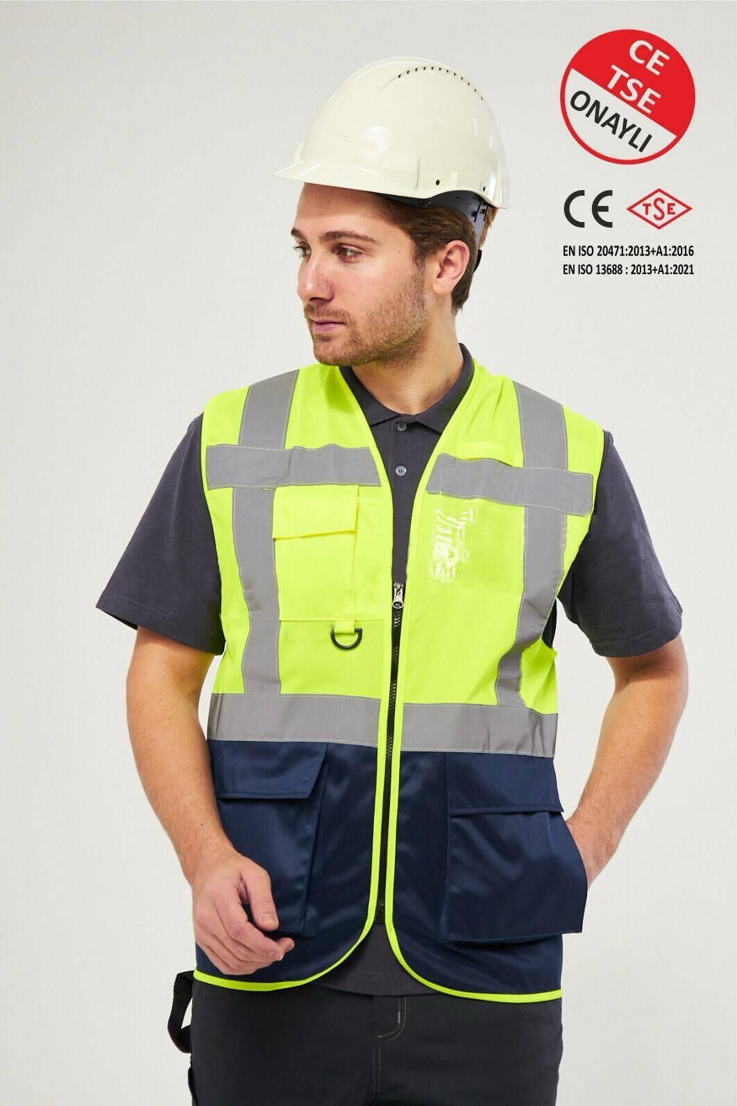 Worker West Hi-Vis Reflektörlü Sarı Lacivert Hi-Vis Reflektörlü Mühendis İkaz Yeleği S