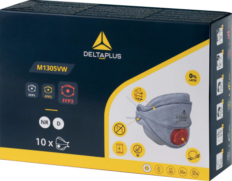 Delta Plus M1305Vw Ffp3 Nr D 4 Katlı Ventilli Dolomit Burun Klipsli Gri Maske 10'Lu Kutu