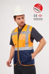 Worker West Turuncu Lacivert Hi-Vis Reflektörlü Mühendis İkaz Yeleği