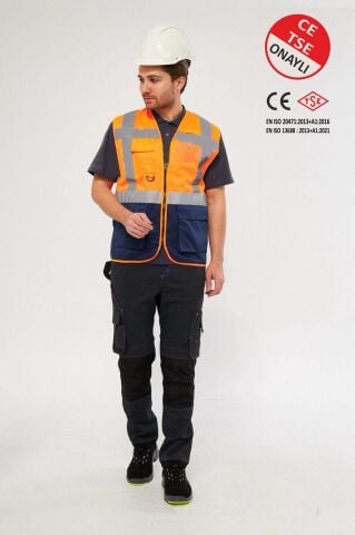 Worker West Turuncu Lacivert Hi-Vis Reflektörlü Mühendis İkaz Yeleği