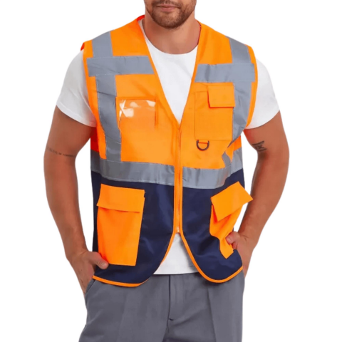 Turuncu Lacivert Hi-Vis Reflektörlü Mühendis  İkaz Yeleği