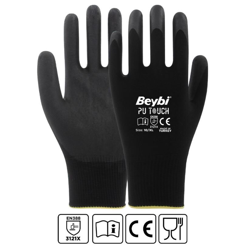 Beybi Pu Touch Poliüretan Kaplı Polyester Örme Eldiven Siyah