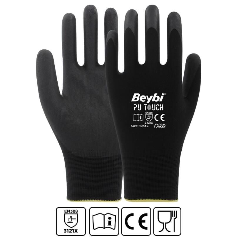 Beybi PU-Touch 1/2 PU (Poliüretan) Kaplı Dikişsiz Polyester Örme Astar  İş Eldiveni EN388 3121X