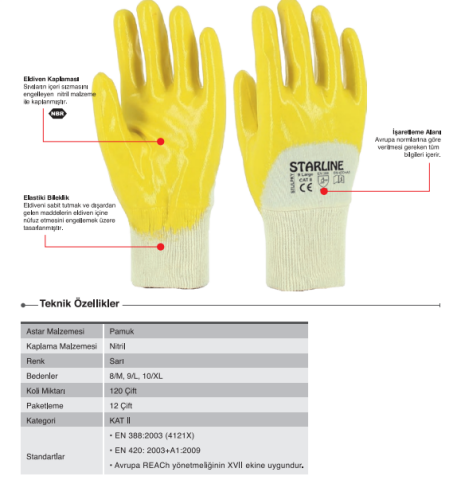 Starline STL-LPKY 3/4 Sarı Nitril Kaplık Pamuk Astarlı Montaj Eldiveni 4121X