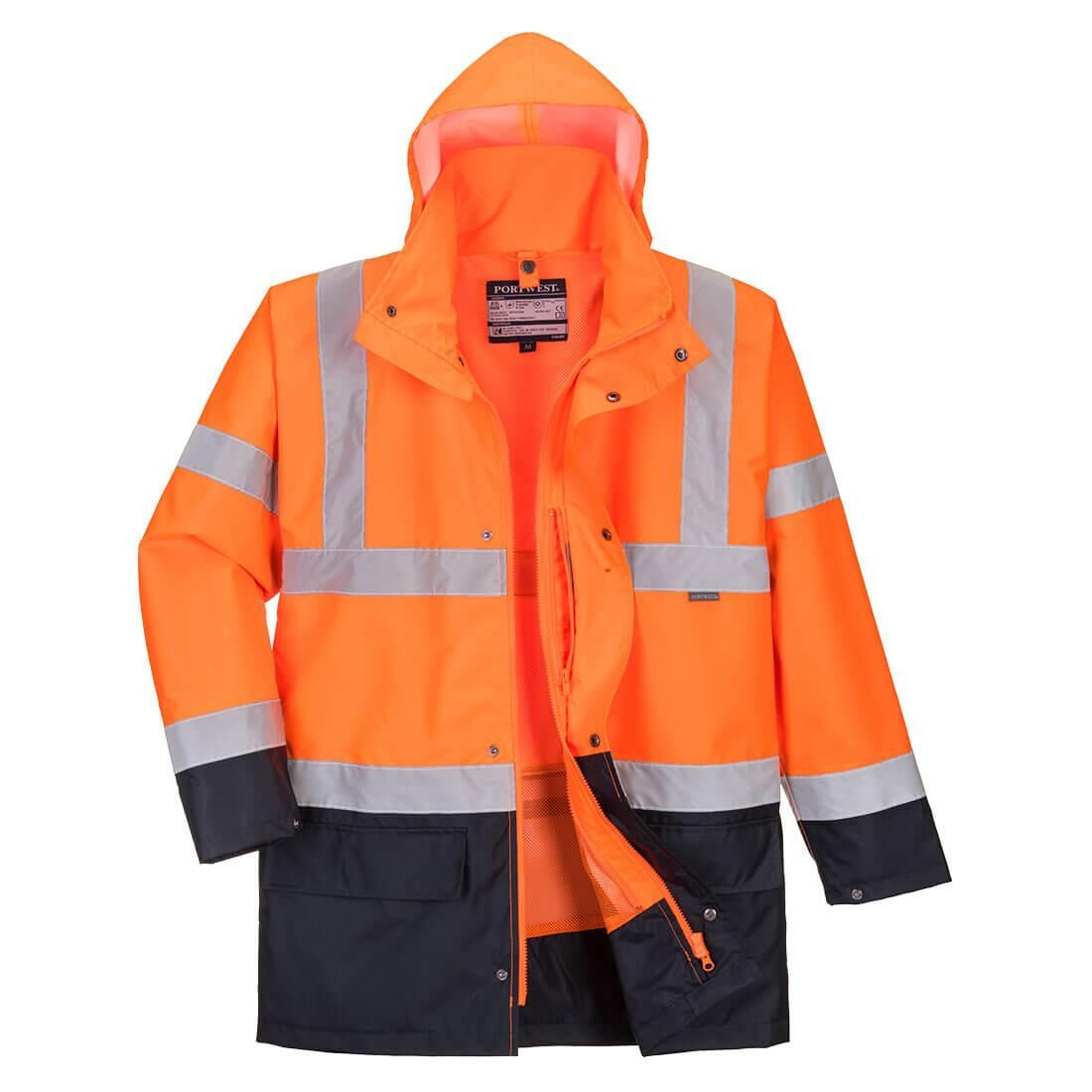 Portwest S766 5-in-1 Hi-Vis Yüksek Görünürlüklü 300D Oxford %100 Polyester Kumaş Parka Kaban Turuncu lacivert