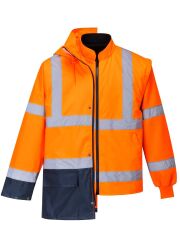 Portwest S766 5-in-1 Hi-Vis Yüksek Görünürlüklü 300D Oxford %100 Polyester Kumaş Parka Kaban Turuncu lacivert