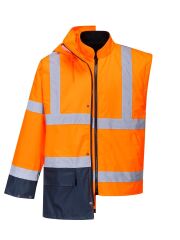 Portwest S766 5-in-1 Hi-Vis Yüksek Görünürlüklü 300D Oxford %100 Polyester Kumaş Parka Kaban Turuncu lacivert