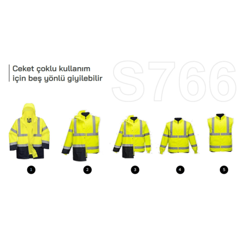 Portwest S766 5-in-1 Hi-Vis Yüksek Görünürlüklü 300D Oxford %100 Polyester Kumaş Parka Kaban Sarı lacivert