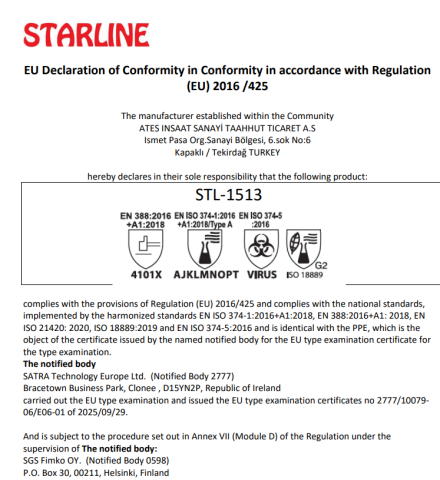 Starline STL-1513 Kimyasal Nitril Eldiven Kalınlık : 0,38mm Uzunluk : 330mm EN388-4101X EN ISO 374-1 AJKLMNOPT EN374-5