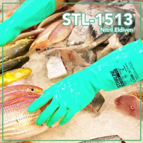 Starline STL-1513 Kimyasal Nitril Eldiven Kalınlık : 0,38mm Uzunluk : 330mm EN388-4101X EN ISO 374-1 AJKLMNOPT EN374-5