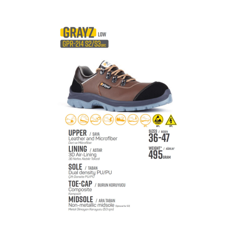 Mekap Gripper Grazy Low GPR-214 S3 SRC Vidala ve Mikrofiber Deri Fiberglass Burun Kevlar Ara Taban İş Ayakkabısı