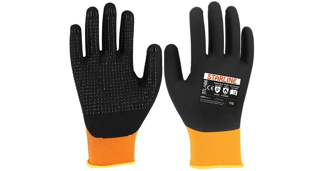 Starline STL-1406 4/4 Mikro Köpük Nitril Kaplı Naylon Astarlı Avuç İçi Puan Takviyeli A Kesilmez 100° Isı Temasına Dayanıklı Eldiven EN388-4141A EN407-X1XXXX