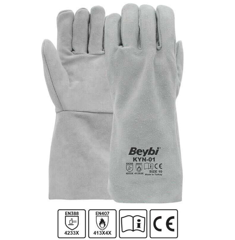 Beybi KYN-01 Avuç İçi ve El Üstü 1. Sınıf Dana Yarma Deri Eko Kaynakçı 100° Temas Isı Dirençli İş Eldiveni EN388 4322X EN407 413X4X