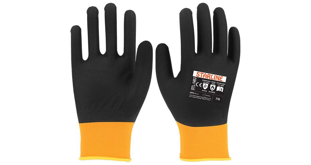 Starline STL-1403 4/4 Mikro Köpük Nitril Kaplı Naylon Astarlı A Kesilmez 100° Isı Temasına Dayanıklı Eldiven EN388-4141A EN407-X1XXXX