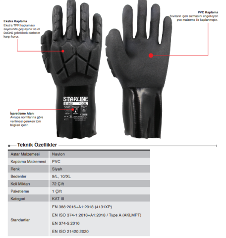 Starline E-560 Yüksek Dereceli Tehlikelere Karşı Korumalı PVC + Köpük Nitril kaplı Darbelere Dayanıklı Eldiven 300mm EN388-4131XP EN ISO 374-1 AKLMPT  EN374-5