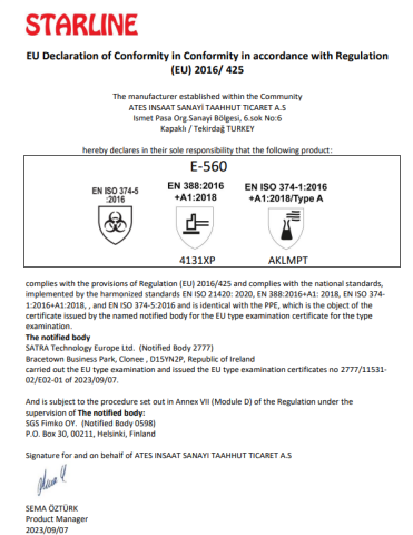 Starline E-560 Yüksek Dereceli Tehlikelere Karşı Korumalı PVC + Köpük Nitril kaplı Darbelere Dayanıklı Eldiven 300mm EN388-4131XP EN ISO 374-1 AKLMPT  EN374-5