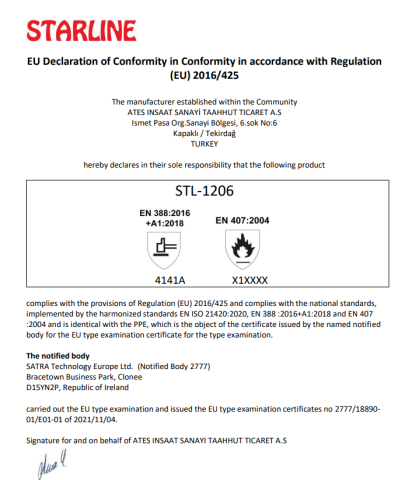 Starline STL-1206 4/4 Mikro Köpük Nitril Kaplı Avuç İçi Puan Takviyeli A Kesilmez 100° Isı Temasına Dayanıklı Eldiven EN388-4141A EN407-X1XXXX