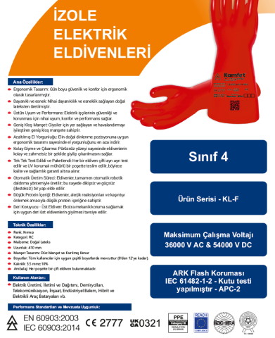 Kamfet Class 4 Elektrikçi Eldiveni 3.6 mm Kalınlık 36.000 V AC - 40.000 V A, C, H EN 60903 & IEC 60903 ATPV 39 cal/cm2