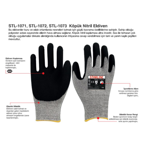 Starline STL-1072 3/4 Köpük Nitril Kaplı Naylon Astarlı A Kesilmez Eldiven EN388-3121A