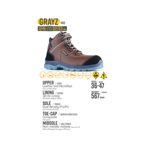 Mekap Gripper Grazy Mid GPR-215 S3 SRC Vidala ve Mikrofiber Deri Fiberglass Burun Kevlar Ara Taban İş Botu