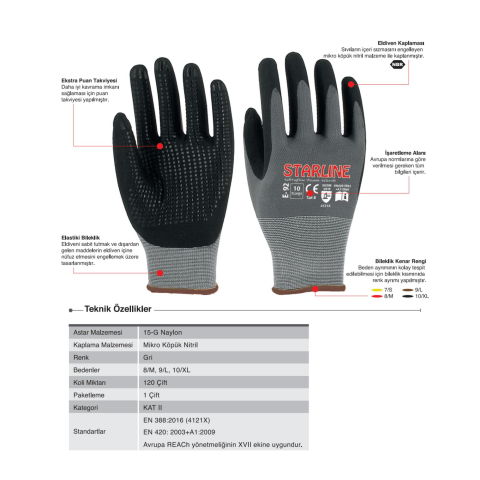 Starline E-92 1/2 Köpük Nitril Kaplı Naylon+Spandeks Astarlı Avuç İçi Puan Takviyeli İş Eldiven EN388-4121X
