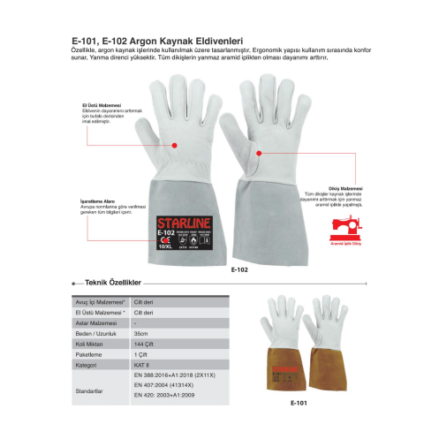 Starline E-102 100° Isı Temasına Dayanıklı Aramid (Kevlar) İplik Dikişli Cilt Deri İş Eldiven EN388-2X11X EN407-41314X Beyaz / Gri