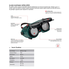 Starline G-025 Siyah Optik Lens Burun Korumalı Antifog Kaynakçı Gözlüğü
