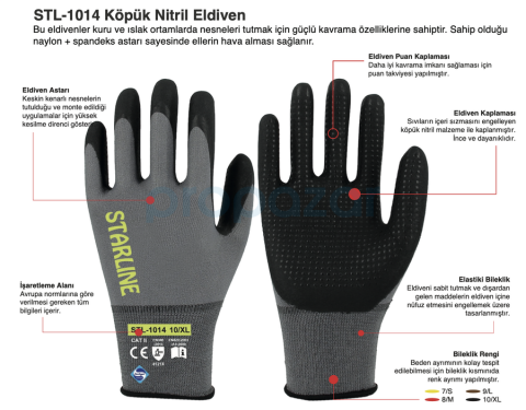 Starline STL-1013 1/2 Köpük Nitril Kaplı Dikişsiz Naylon-Spandeks Astarlı Eldiven EN388-4121X