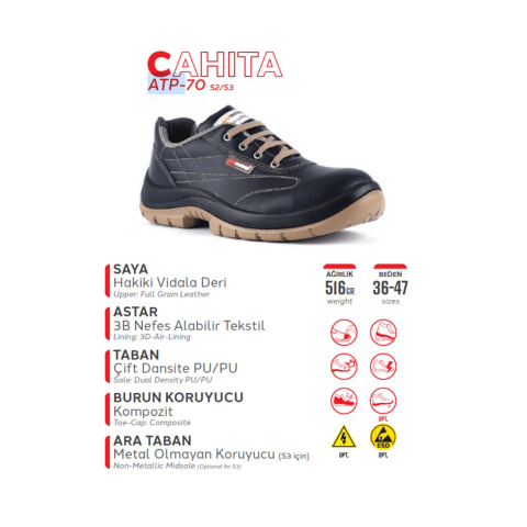 Mekap Pro Cahita ATP-70 S3 SRC Vidala Deri Fiberglass Burun Kevlar Ara Taban İş Ayakkabısı