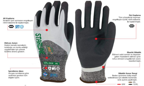 Starline STL-1010 1/2 SFT Nitril + Nitril Kaplı Polietilen + Cam Elyaf Astarlı C Kesilmez 100° Isıya Dayanıklı Eldiven EN388-4X43C EN407-X1XXXX