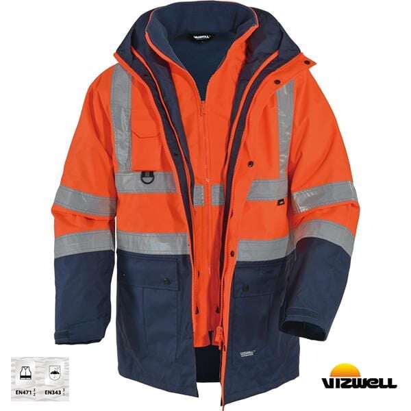 Vizwell VWJK-44 Hi-Vis 5+1 Reflektörlü Yüksek Görünürlüklü 300D Oxford Pu %100 Polyester 5'i Bir Arada Gizli Kapüşonlu Parka Kaban Turuncu Lacivert
