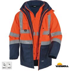 Vizwell VWJK-44 Hi-Vis 5+1 Reflektörlü Yüksek Görünürlüklü 300D Oxford Pu %100 Polyester 5'i Bir Arada Gizli Kapüşonlu Parka Kaban Turuncu Lacivert