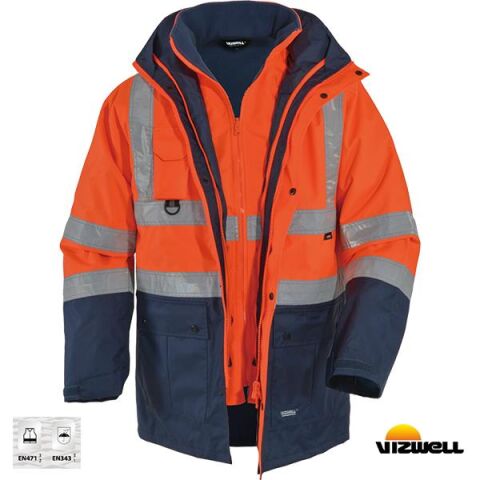 Vizwell VWJK-44 Hi-Vis 5+1 Reflektörlü Yüksek Görünürlüklü 300D Oxford Pu %100 Polyester 5'i Bir Arada Gizli Kapüşonlu Parka Kaban Turuncu Lacivert