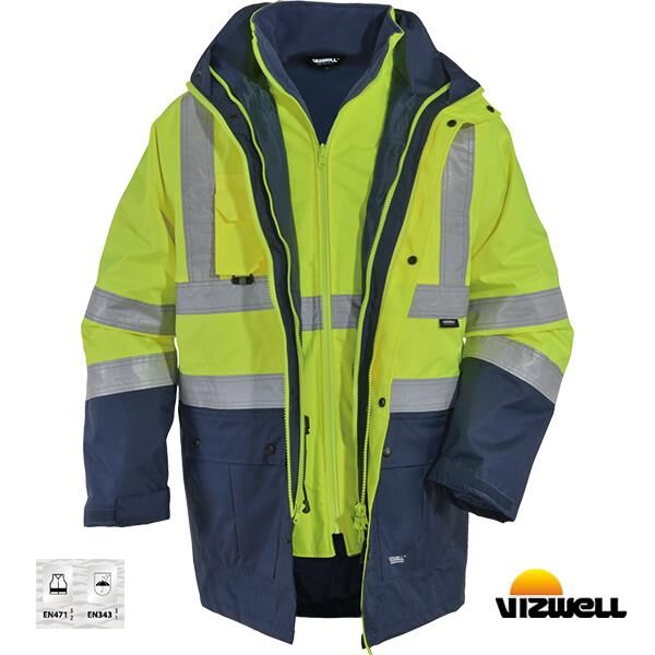 Vizwell VWJK-44 Hi-Vis 5+1 Reflektörlü Yüksek Görünürlüklü 300D Oxford Pu %100 Polyester 5'i Bir Arada Gizli Kapüşonlu Parka Kaban Sarı Lacivert