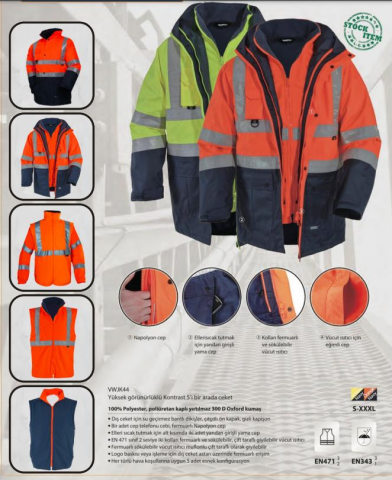 Vizwell VWJK-44 Hi-Vis 5+1 Reflektörlü Yüksek Görünürlüklü 300D Oxford Pu %100 Polyester 5'i Bir Arada Gizli Kapüşonlu Parka Kaban Sarı Lacivert