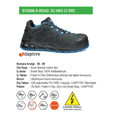 Base B1000B Kaptiv Serisi K-ROAD S3 HRO SRC Kompozit Burun İş Ayakkabıs