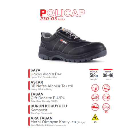 Mekap Pro Policap 230 S2 Fiberglass Burun Yalıtkan İş Ayakkabısı