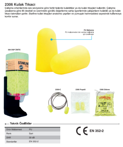 Starline 2306-C PU (Poliüretan) Dökme Kulak Tıkacı 250 Çift 30 dB
