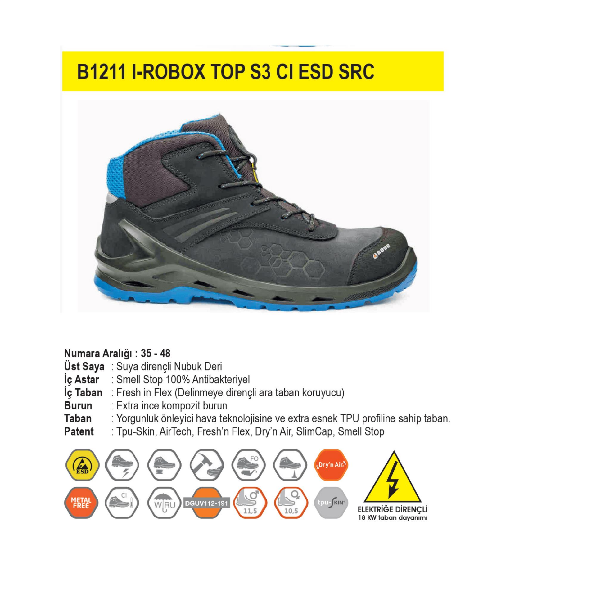Base İş Botu B1211 I-Robox Top S3 CI ESD SRC İş Güvenlik Ayakkabıları