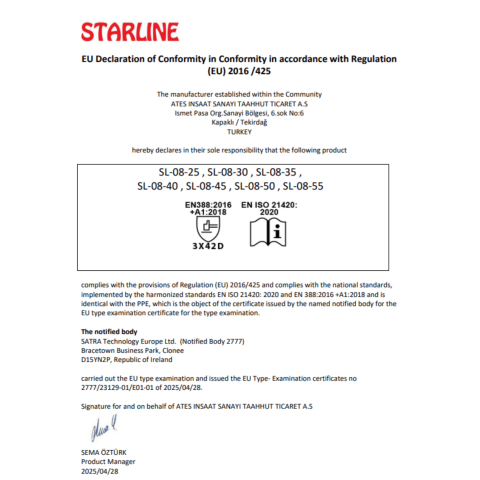 Starline SL-08-40 HHPE+Cam Elyaf-Polyester D Seviye Kesilme Dirençli Kolluk