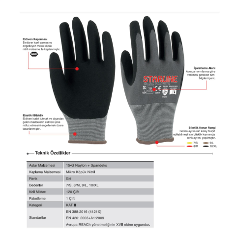 Starline E-91 1/2 Mikro Köpük Nitril Kaplı Naylon Astarlı İş Eldiven EN388-4121X