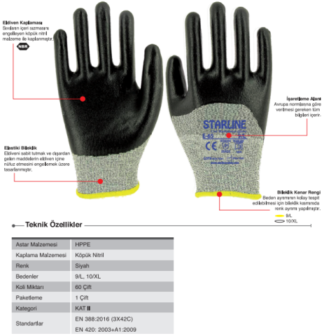 Starline E-65 3/4 Köpük Nitril Kaplı HDPE Astarlı C Kesilmez Eldiven EN388-3X42C