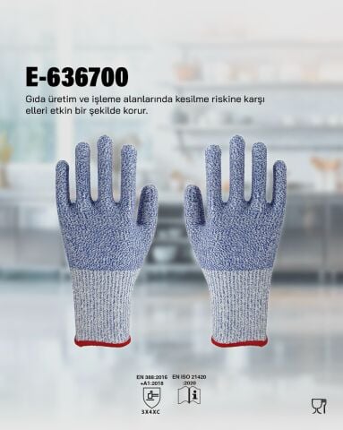 Starline E-636700 HDPE Kaplı Gıda Temasına Uygun 15G Naylon+Likra Astarlı C Kesilmez Her İki Ele Uygun İş Eldiveni (Adet) EN388-3X43C