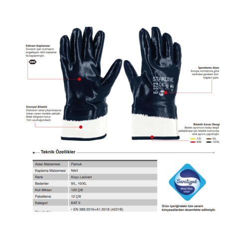 Starline E-372 Tam Nitril Kaplı 7 Cm Bilek Uzunluğu B Kesilmez Ağır İş Petrolcü Eldiveni EN388-4221B